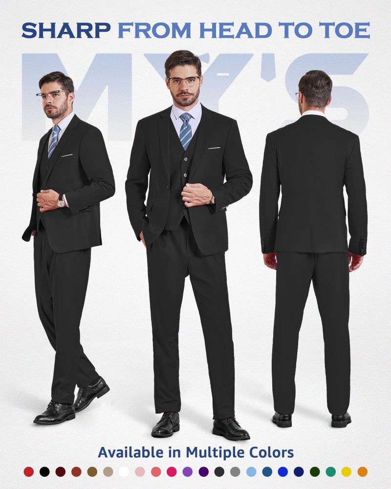 MYS MY'S Men's 3 Piece Solid Suit Set, One Button Slim Fit Jacket Vest Pants with Tie, Black - Image 2